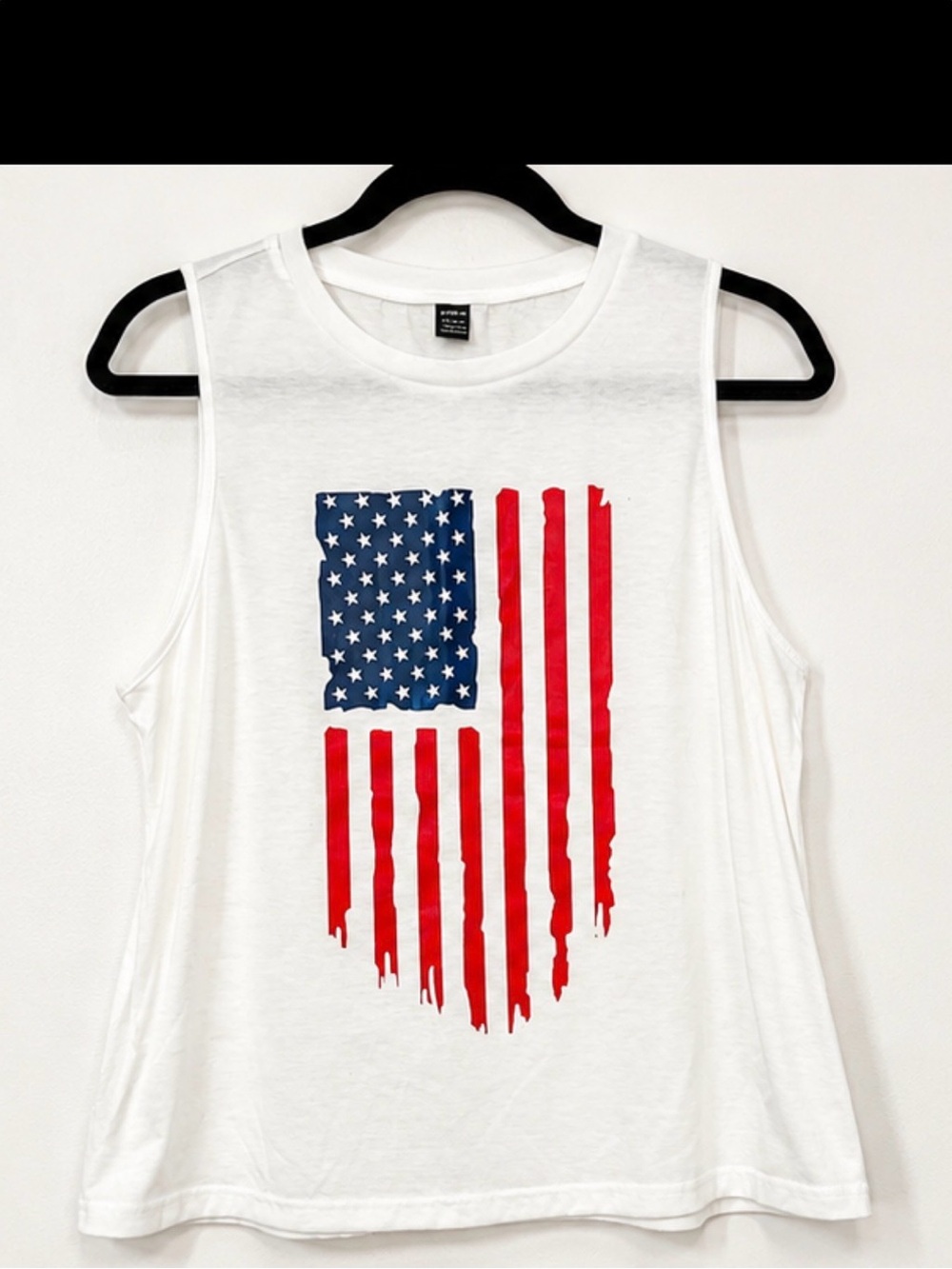 SHEIN White Tank Top with Red & Blue Distressed Flag Print
